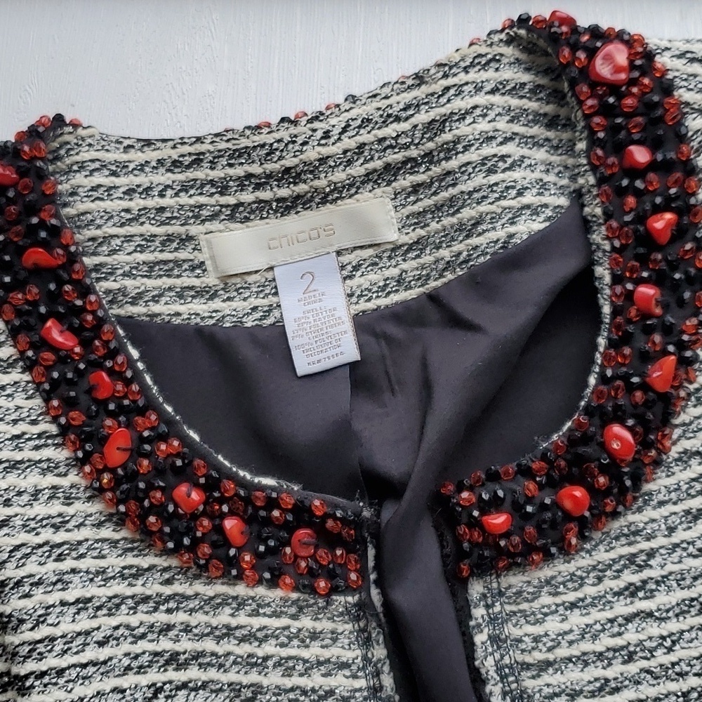 Chico's Black, White, Silver Tweed Jacket with Embellished Neckline 2 / L - Picture 7 of 11